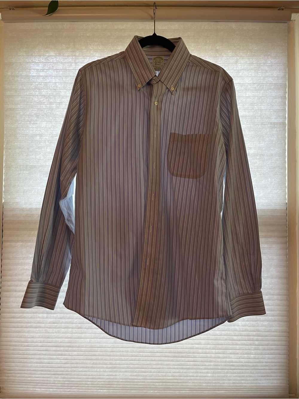 Brooks Brothers Blue and Tan Striped Button-Down Dress Shirt